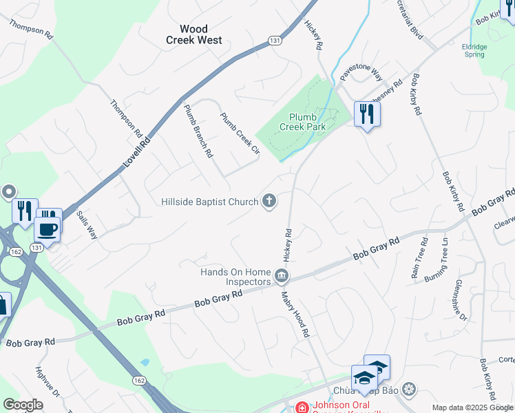 map of restaurants, bars, coffee shops, grocery stores, and more near 10266 Boston Lane in Knoxville