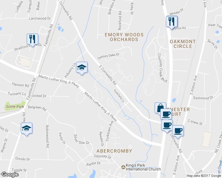 map of restaurants, bars, coffee shops, grocery stores, and more near 41 Yorkfield Court in Durham