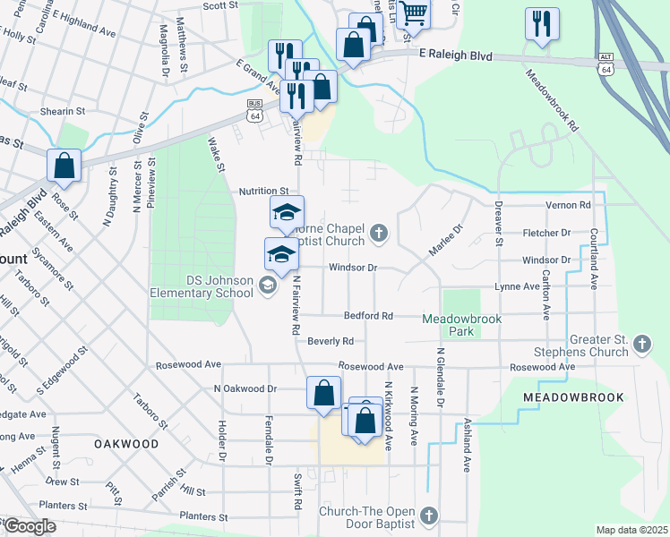 map of restaurants, bars, coffee shops, grocery stores, and more near 704 Salisbury Dr in Rocky Mt