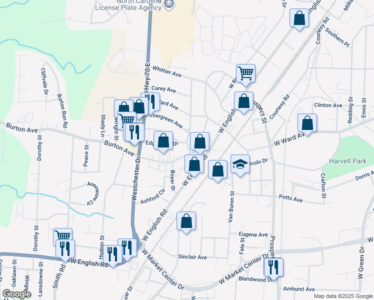 map of restaurants, bars, coffee shops, grocery stores, and more near 400 Royal Oak Avenue in High Point