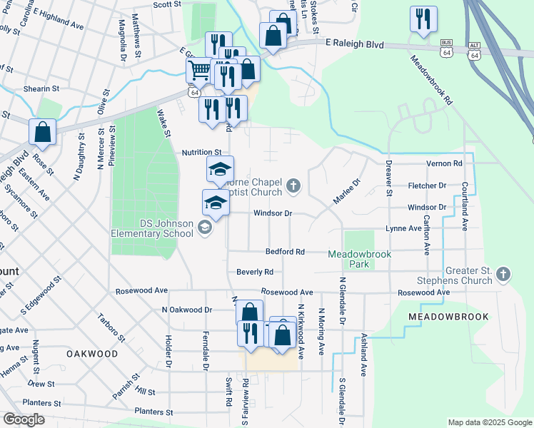 map of restaurants, bars, coffee shops, grocery stores, and more near 704 Salisbury Drive in Rocky Mount