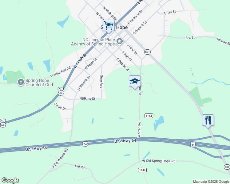 map of restaurants, bars, coffee shops, grocery stores, and more near 309 Gum Avenue in Spring Hope