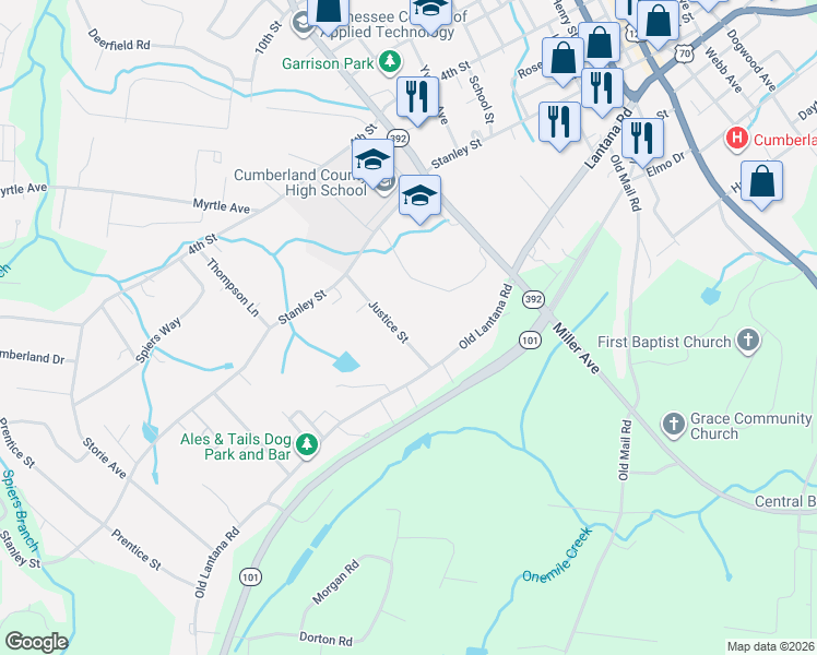 map of restaurants, bars, coffee shops, grocery stores, and more near 149 Justice Street in Crossville