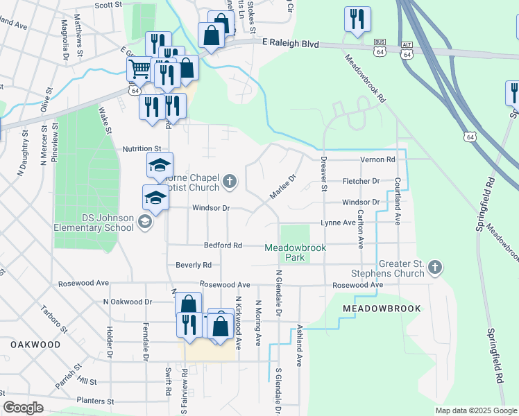 map of restaurants, bars, coffee shops, grocery stores, and more near 708 North Glendale Drive in Rocky Mount