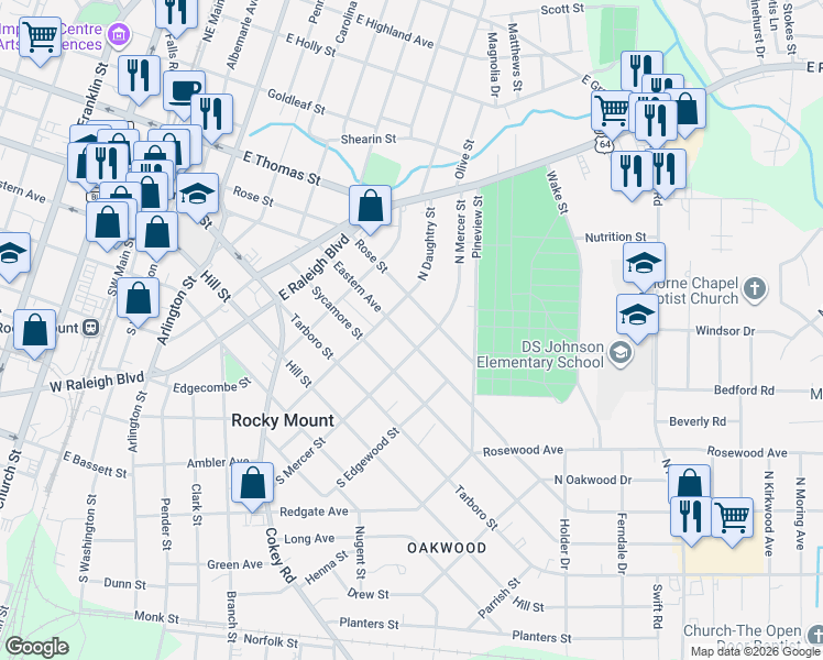 map of restaurants, bars, coffee shops, grocery stores, and more near 625 Rose Street in Rocky Mount