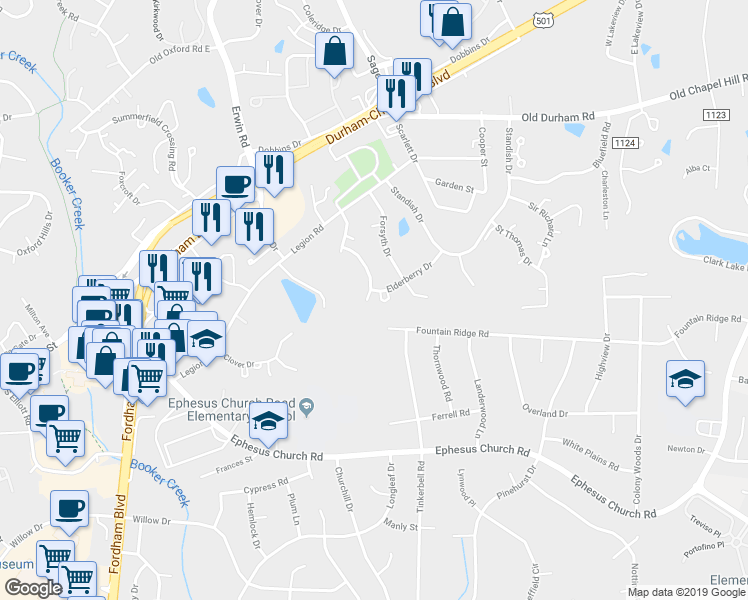 map of restaurants, bars, coffee shops, grocery stores, and more near 103 Adelaide Walters Street in Chapel Hill
