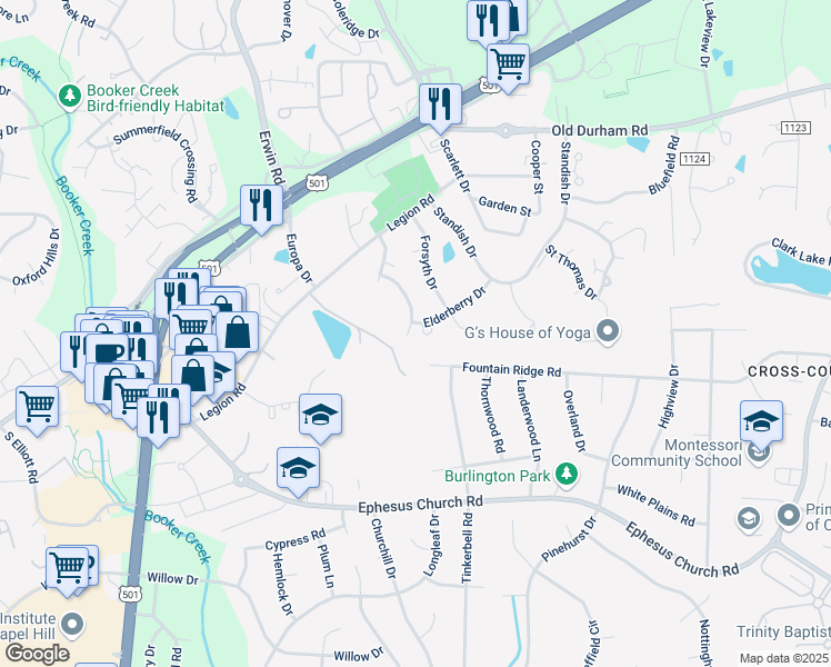 map of restaurants, bars, coffee shops, grocery stores, and more near 103 Adelaide Walters Street in Chapel Hill