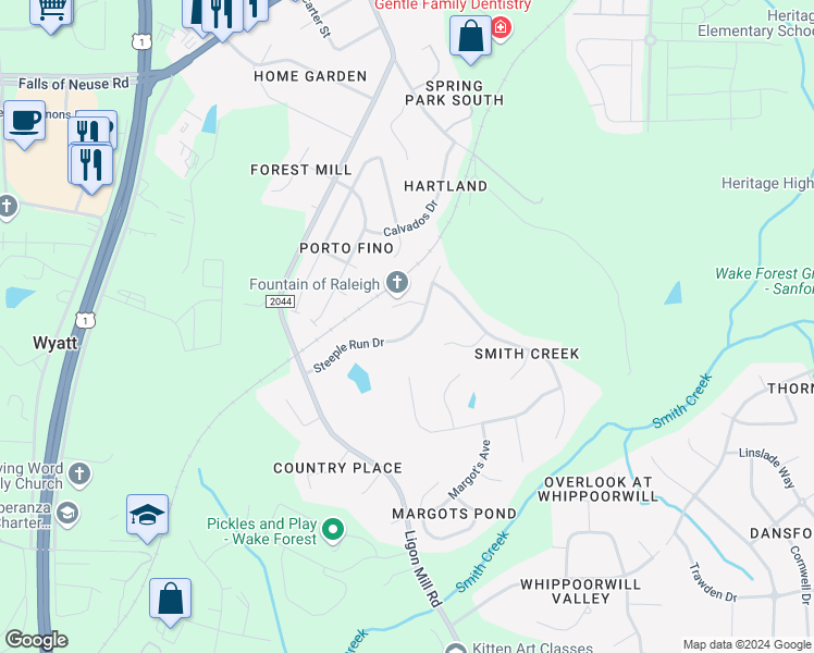 map of restaurants, bars, coffee shops, grocery stores, and more near 2835 Steeple Run Drive in Wake Forest