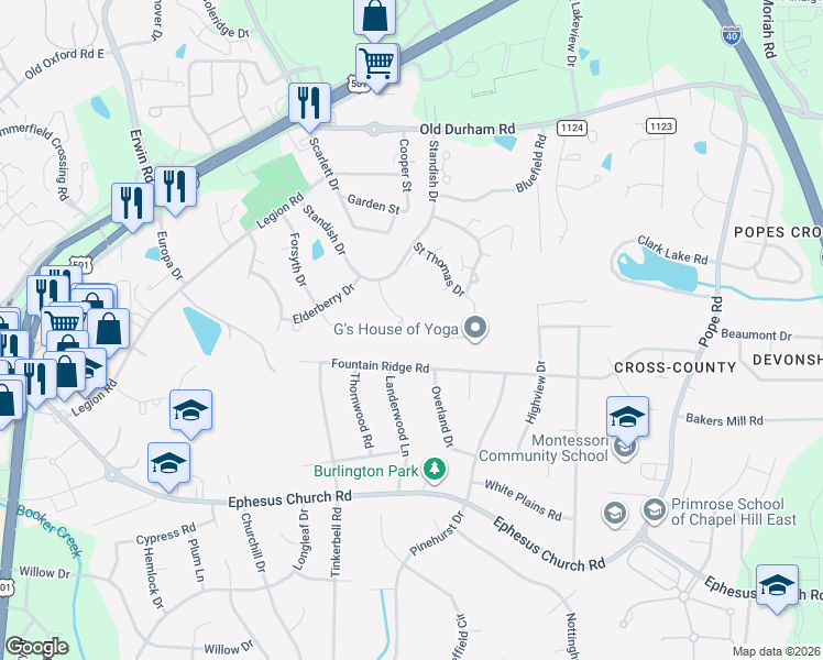 map of restaurants, bars, coffee shops, grocery stores, and more near 212 Saint Andrews Lane in Chapel Hill