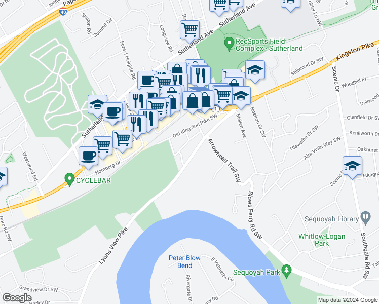 map of restaurants, bars, coffee shops, grocery stores, and more near 4719 Lyons View Pike in Knoxville