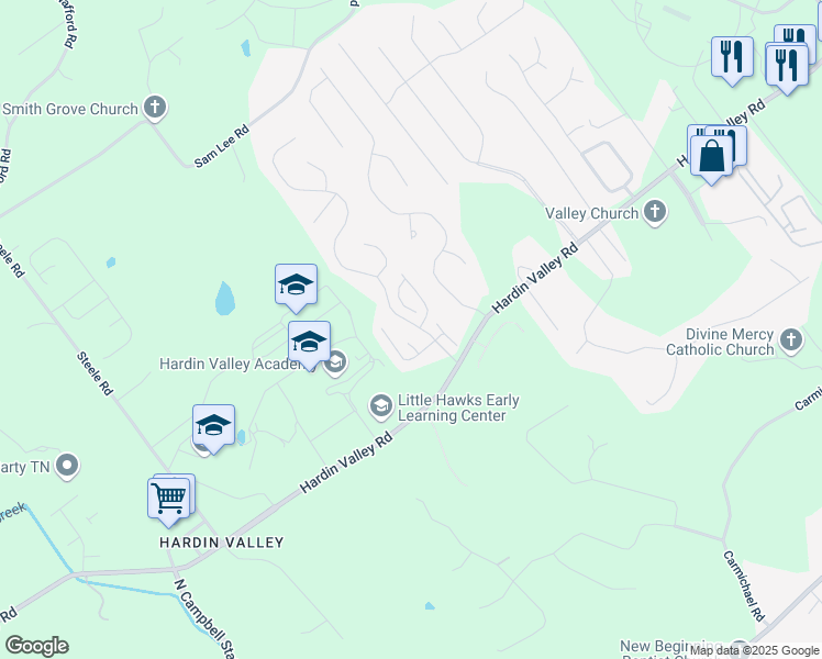 map of restaurants, bars, coffee shops, grocery stores, and more near 2410 Water Valley Way in Knoxville