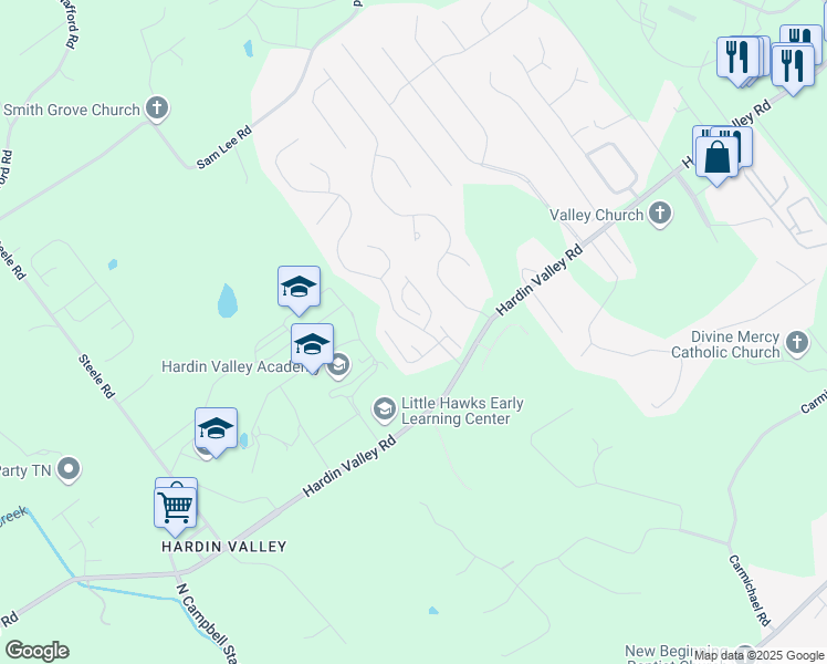map of restaurants, bars, coffee shops, grocery stores, and more near 2410 Water Valley Way in Knoxville
