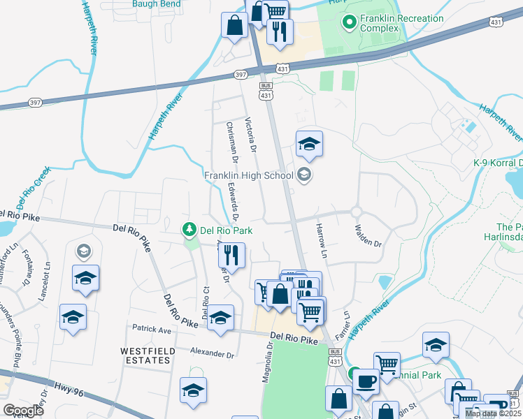 map of restaurants, bars, coffee shops, grocery stores, and more near 1604 Granville Road in Franklin