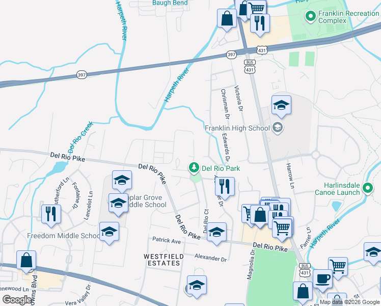 map of restaurants, bars, coffee shops, grocery stores, and more near 1143 Wedgewood Drive in Franklin