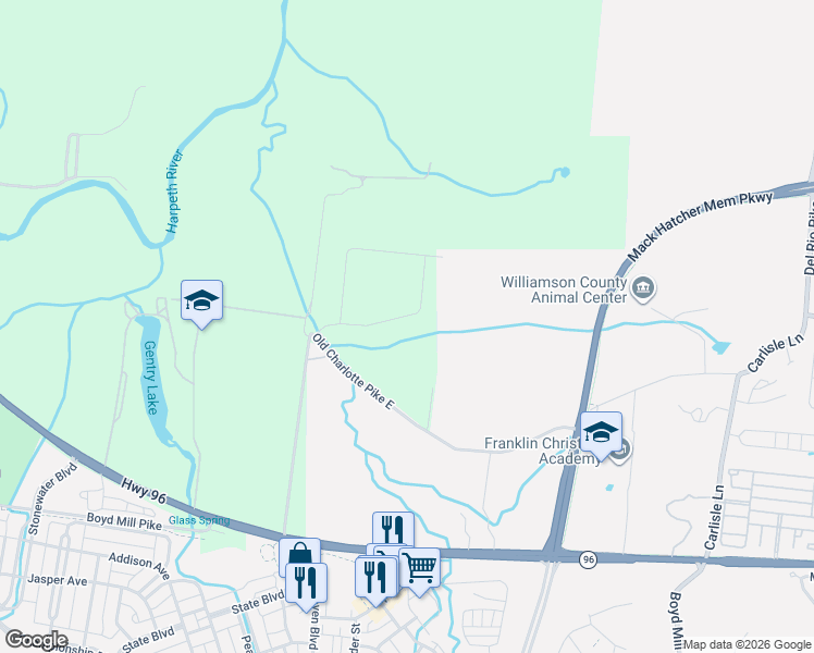 map of restaurants, bars, coffee shops, grocery stores, and more near 841 Old Charlotte Pike East in Franklin