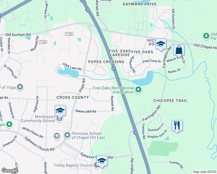 map of restaurants, bars, coffee shops, grocery stores, and more near 5306 Beaumont Drive in Durham