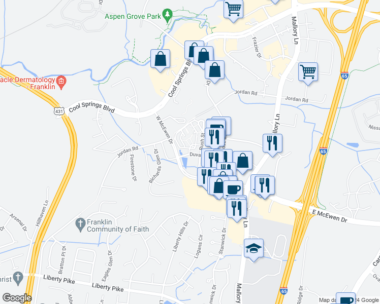 map of restaurants, bars, coffee shops, grocery stores, and more near 200 Reliance Drive in Franklin