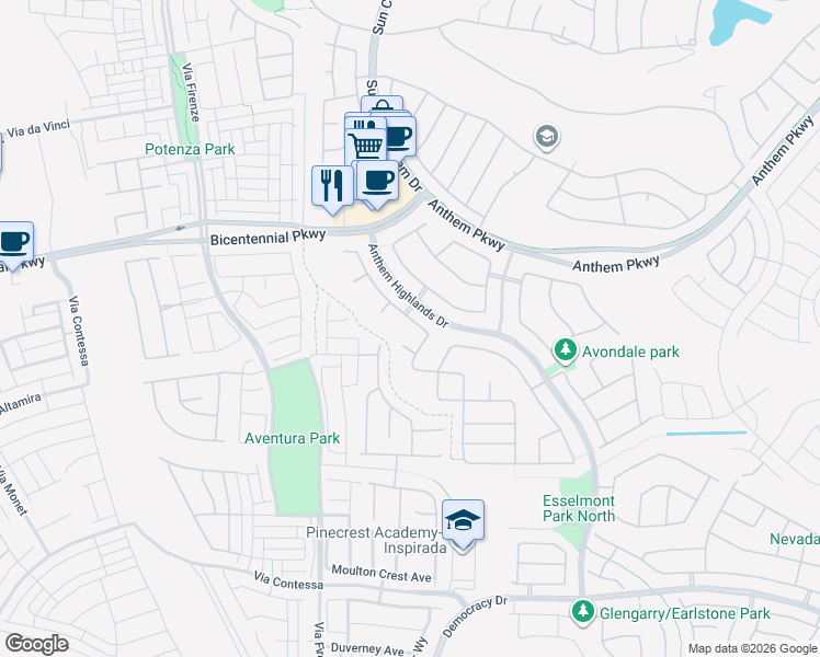 map of restaurants, bars, coffee shops, grocery stores, and more near 2402 Blairlogie Court in Henderson