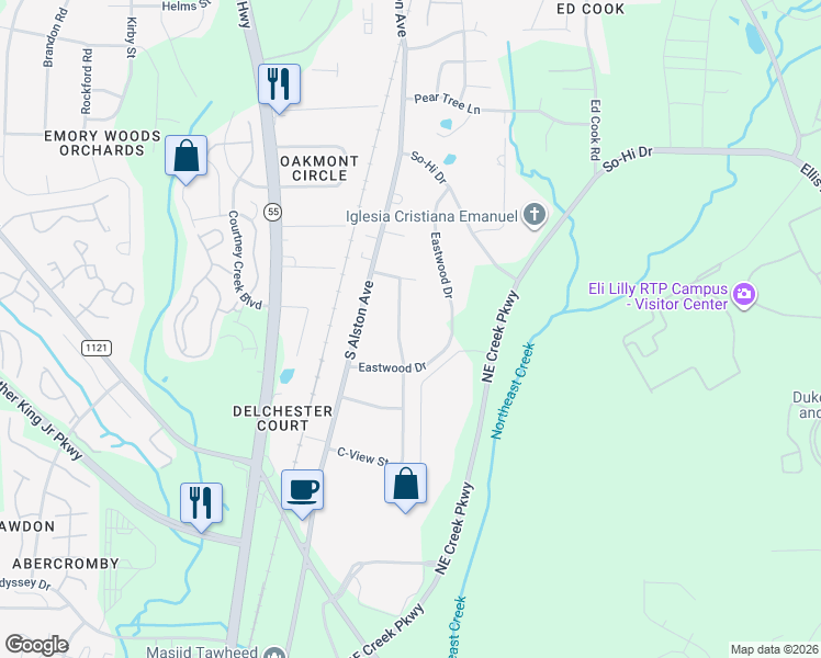 map of restaurants, bars, coffee shops, grocery stores, and more near 3315 C-View Street in Durham