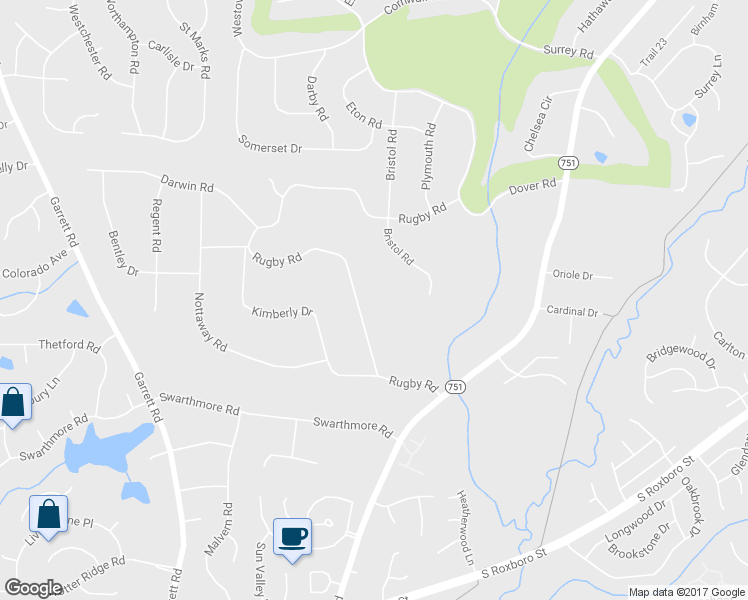 map of restaurants, bars, coffee shops, grocery stores, and more near 3519 Rugby Road in Durham