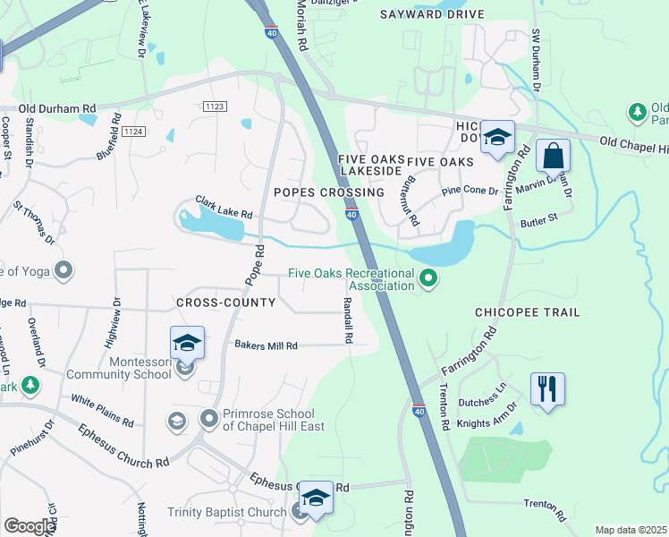 map of restaurants, bars, coffee shops, grocery stores, and more near 5306 Beaumont Drive in Durham