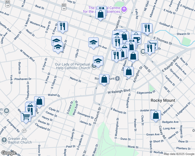 map of restaurants, bars, coffee shops, grocery stores, and more near 506 South Franklin Street in Rocky Mount