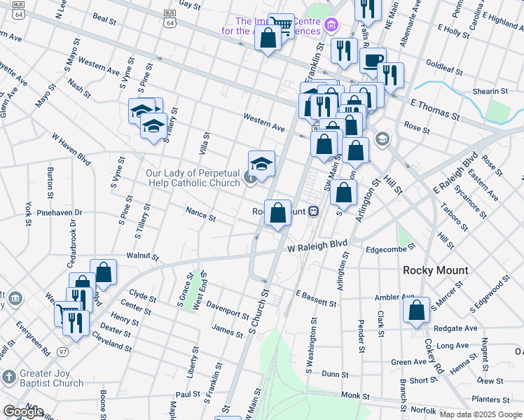 map of restaurants, bars, coffee shops, grocery stores, and more near 506 South Franklin Street in Rocky Mount