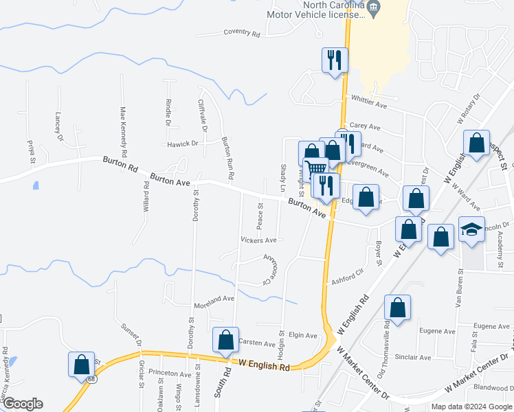 map of restaurants, bars, coffee shops, grocery stores, and more near 421 Peace Street in High Point