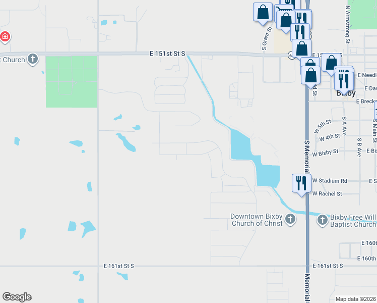 map of restaurants, bars, coffee shops, grocery stores, and more near 7400 East 151st Street South in Bixby