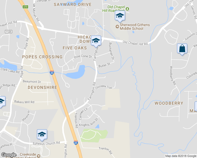 map of restaurants, bars, coffee shops, grocery stores, and more near 4405 Farrington Road in Durham