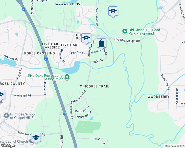 map of restaurants, bars, coffee shops, grocery stores, and more near 4405 Farrington Road in Durham