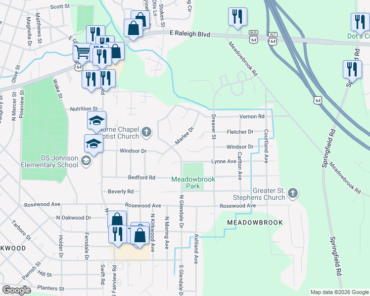 map of restaurants, bars, coffee shops, grocery stores, and more near 709 Marlee Drive in Rocky Mount