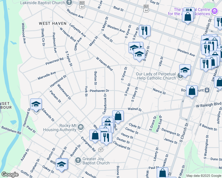 map of restaurants, bars, coffee shops, grocery stores, and more near 1034 Pinehaven Drive in Rocky Mount