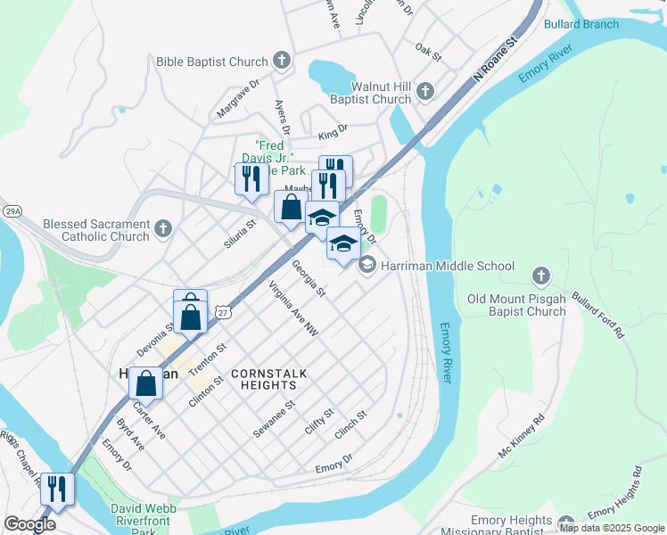 map of restaurants, bars, coffee shops, grocery stores, and more near 1025 Cumberland Street in Harriman