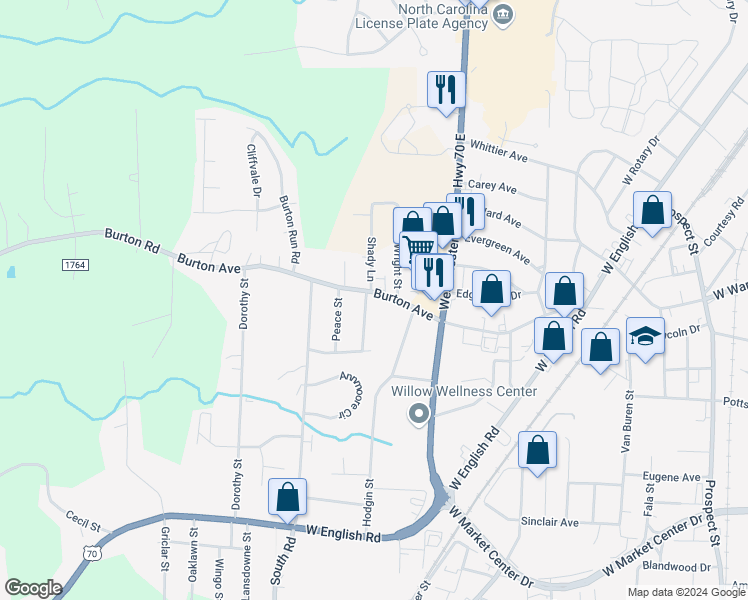 map of restaurants, bars, coffee shops, grocery stores, and more near 809 Burton Avenue in High Point