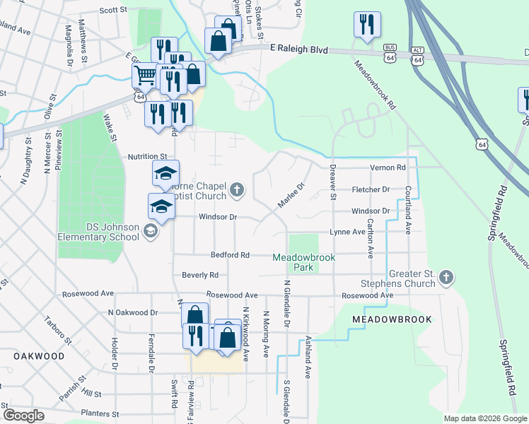 map of restaurants, bars, coffee shops, grocery stores, and more near 704-708 N Glendale Dr in Rocky Mt