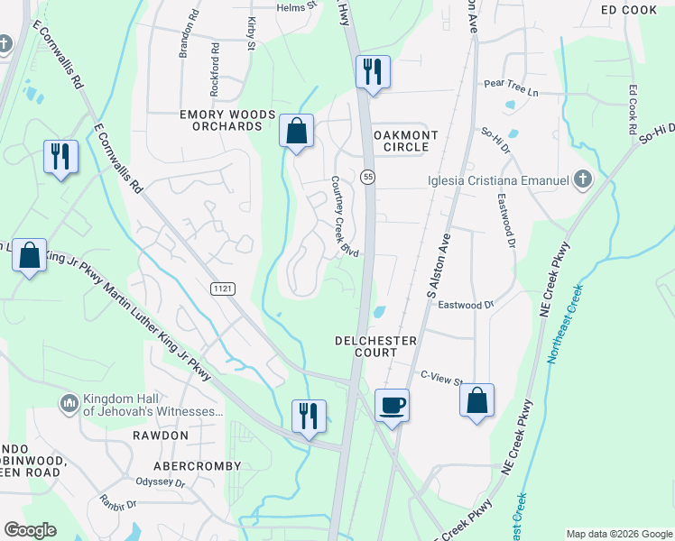 map of restaurants, bars, coffee shops, grocery stores, and more near 2801 Courtney Creek Boulevard in Durham