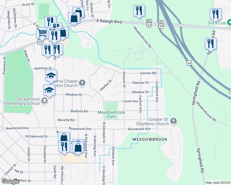 map of restaurants, bars, coffee shops, grocery stores, and more near 1700 Fletcher Drive in Rocky Mount