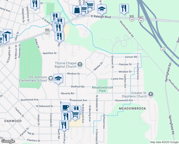 map of restaurants, bars, coffee shops, grocery stores, and more near 704-708 N Glendale Dr in Rocky Mt