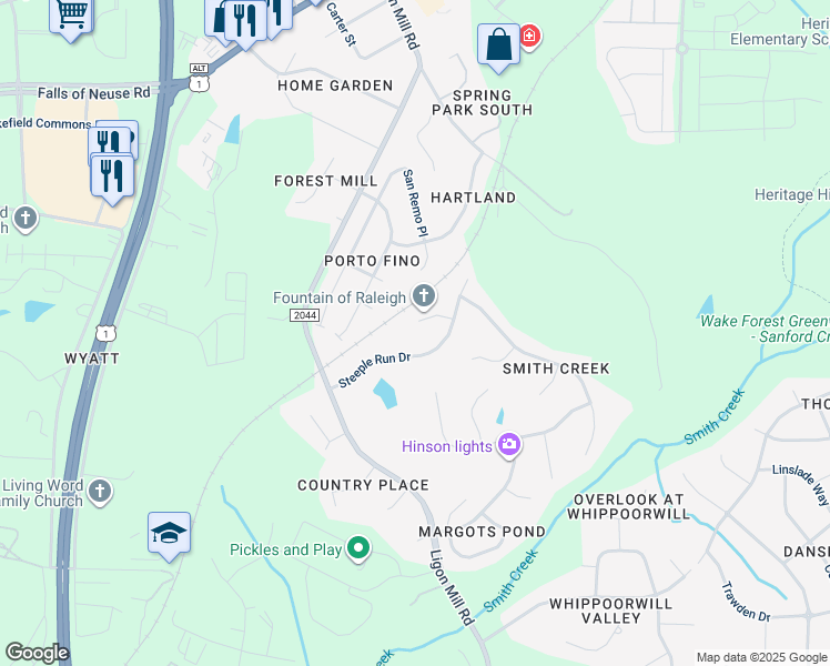 map of restaurants, bars, coffee shops, grocery stores, and more near 9615 Stable Point in Wake Forest