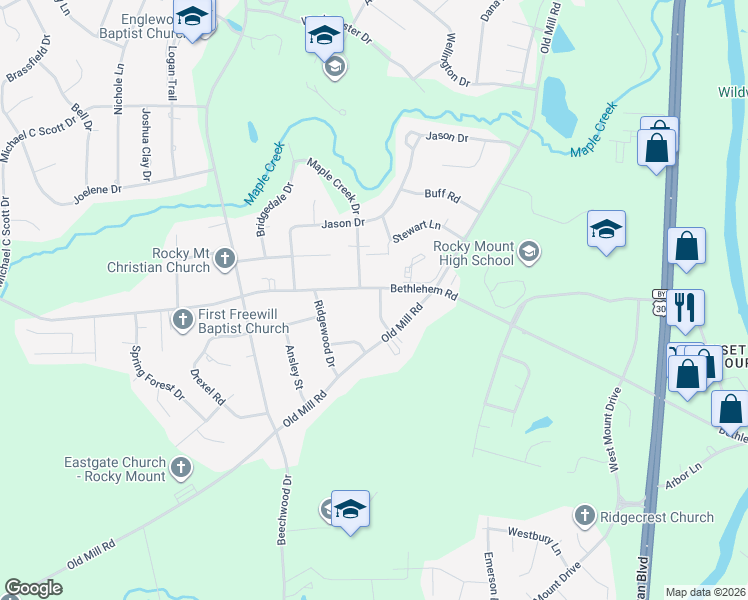 map of restaurants, bars, coffee shops, grocery stores, and more near 1529 Bethlehem Road in Rocky Mount