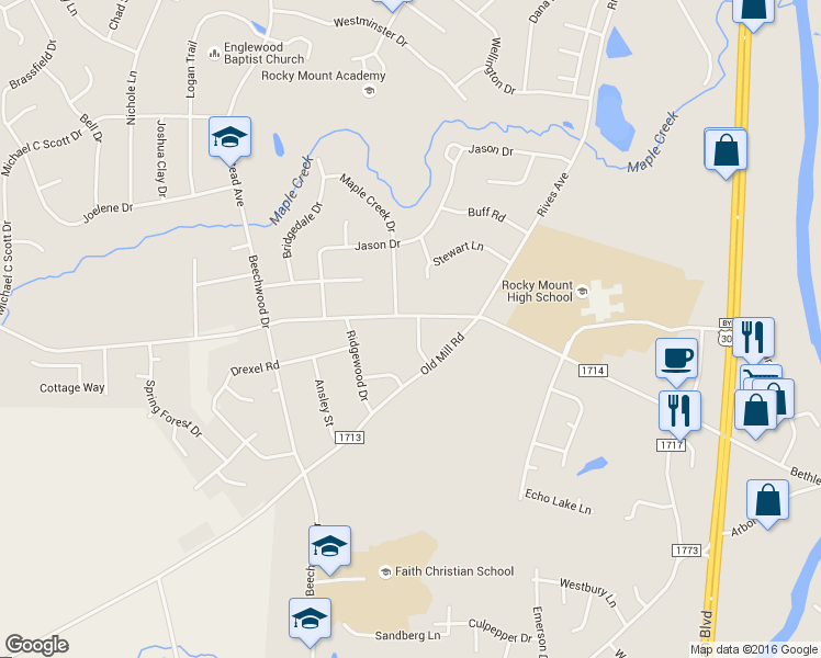 map of restaurants, bars, coffee shops, grocery stores, and more near 1525 Bethlehem Road in Rocky Mount