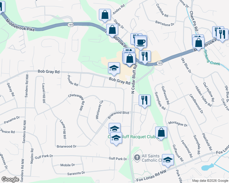 map of restaurants, bars, coffee shops, grocery stores, and more near 913 Ponder Road Northwest in Knoxville