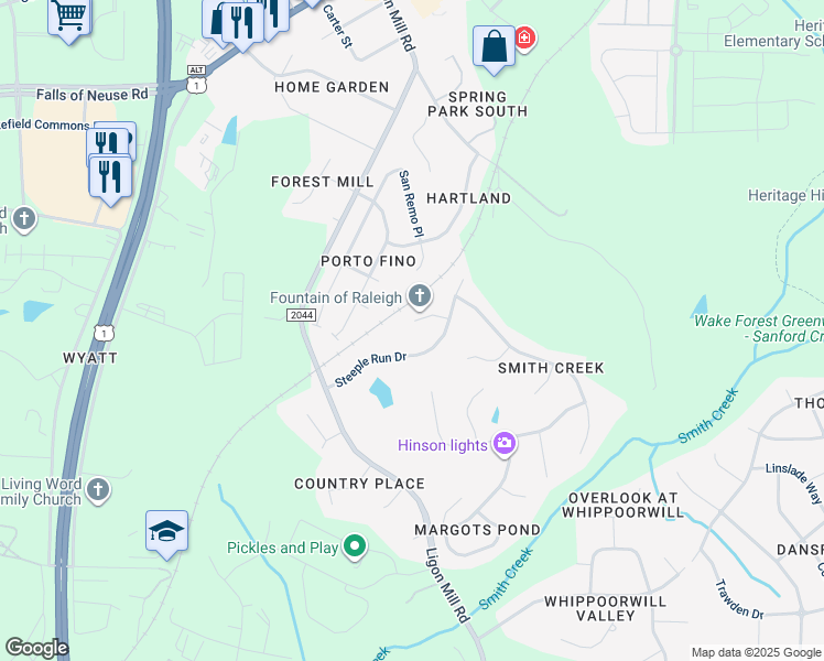 map of restaurants, bars, coffee shops, grocery stores, and more near 9615 Stable Point in Wake Forest