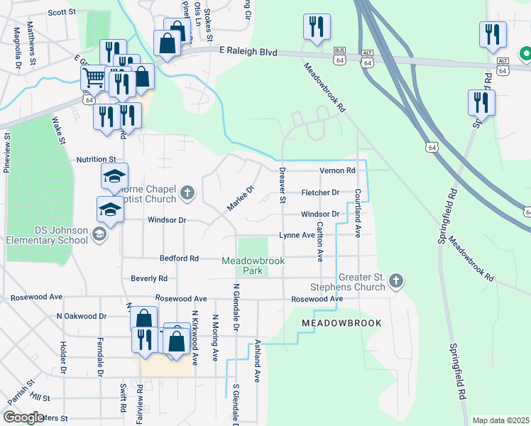 map of restaurants, bars, coffee shops, grocery stores, and more near 1700 Fletcher Drive in Rocky Mount