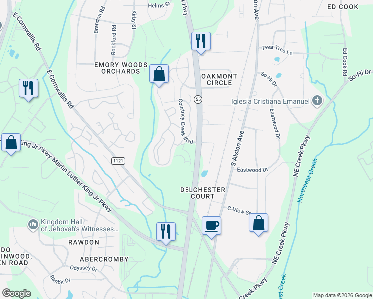 map of restaurants, bars, coffee shops, grocery stores, and more near 1677 Holly Grove Way in Durham
