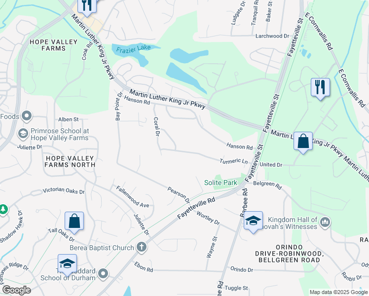 map of restaurants, bars, coffee shops, grocery stores, and more near 4651 Lemongrass Lane in Durham