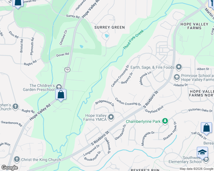 map of restaurants, bars, coffee shops, grocery stores, and more near 4844 Carlton Crossing Drive in Durham