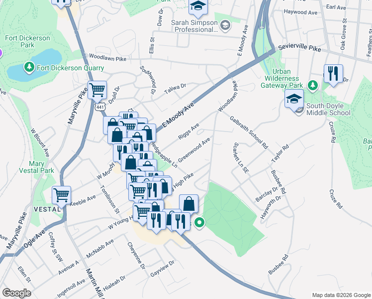 map of restaurants, bars, coffee shops, grocery stores, and more near 313 Greenwood Avenue in Knoxville