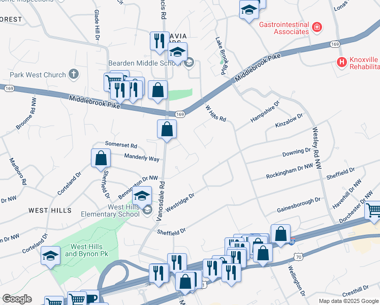 map of restaurants, bars, coffee shops, grocery stores, and more near 712 Shadycrest Drive in Knoxville